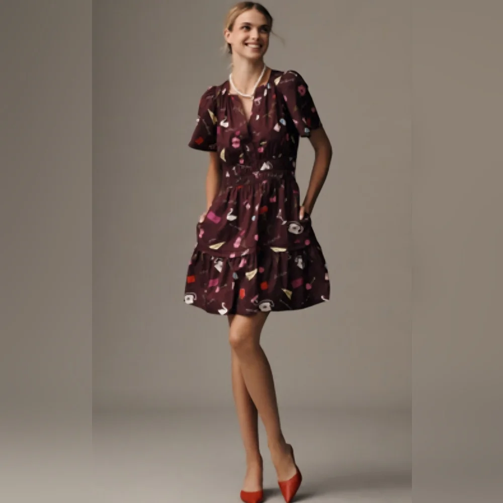 Chic Burgundy Patterned Dress - Picture 2 of 14